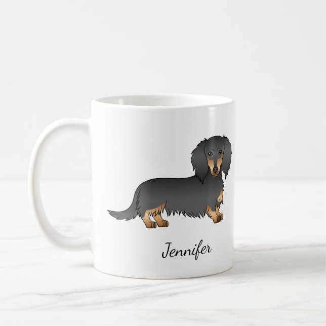 Black & Tan Long Hair Dachshund Cartoon Dog & Name Coffee Mug (Left)