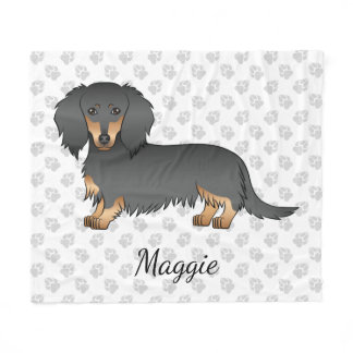 Black &amp; Tan Long Hair Dachshund Cartoon Dog &amp; Name Fleece Blanket