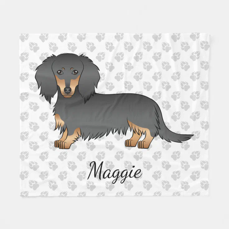 Black & Tan Long Hair Dachshund Cartoon Dog & Name Fleece Blanket | Zazzle