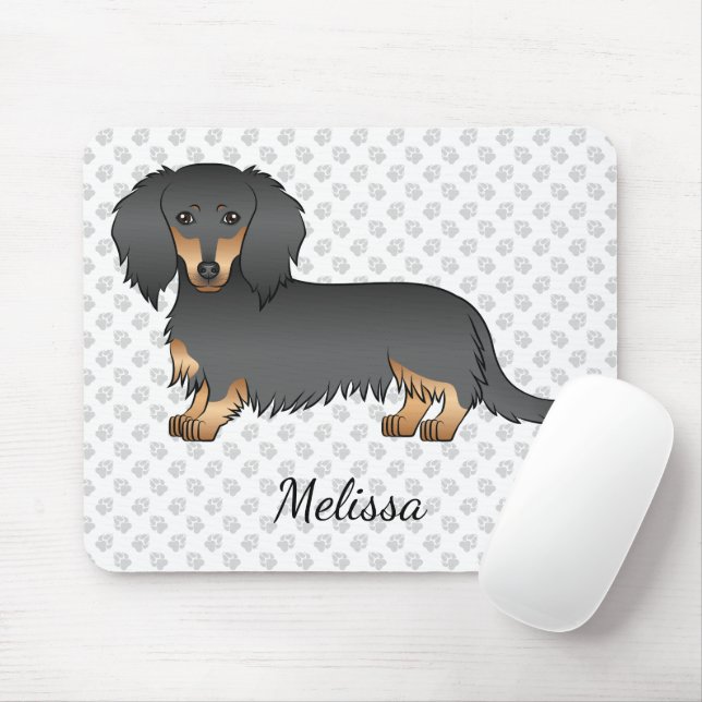Black & Tan Long Hair Dachshund Cartoon Dog & Name Mouse Pad (With Mouse)
