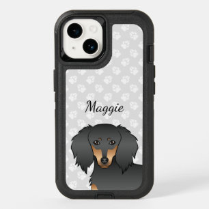 Black & Tan Long Hair Dachshund Cartoon Dog & Name OtterBox iPhone 14 Case
