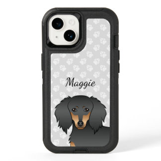 Black &amp; Tan Long Hair Dachshund Cartoon Dog &amp; Name OtterBox iPhone 14 Case