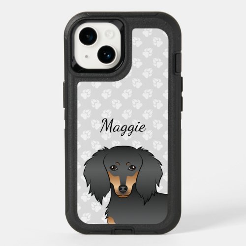 Black  Tan Long Hair Dachshund Cartoon Dog  Name OtterBox iPhone 14 Case