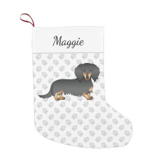 Black &amp; Tan Long Hair Dachshund Cartoon Dog &amp; Name Small Christmas Stocking