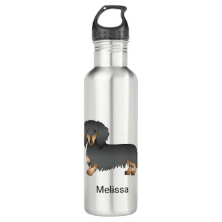 Black &amp; Tan Long Hair Dachshund Cartoon Dog &amp; Name Stainless Steel Water Bottle