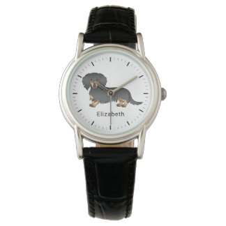 Black &amp; Tan Long Hair Dachshund Cartoon Dog &amp; Name Watch