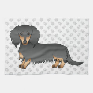 Black & Tan Long Hair Dachshund Cartoon Dog & Paws Kitchen Towel