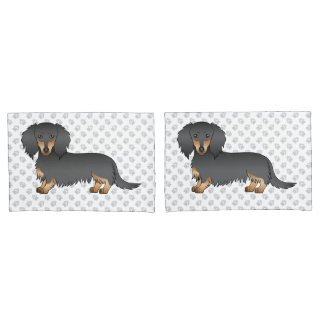Black &amp; Tan Long Hair Dachshund Cartoon Dog &amp; Paws Pillow Case