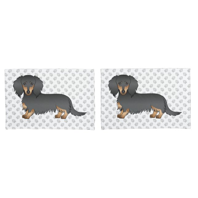 Black & Tan Long Hair Dachshund Cartoon Dog & Paws Pillow Case (Front-Set)