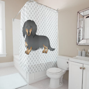 Black & Tan Long Hair Dachshund Cartoon Dog & Paws Shower Curtain