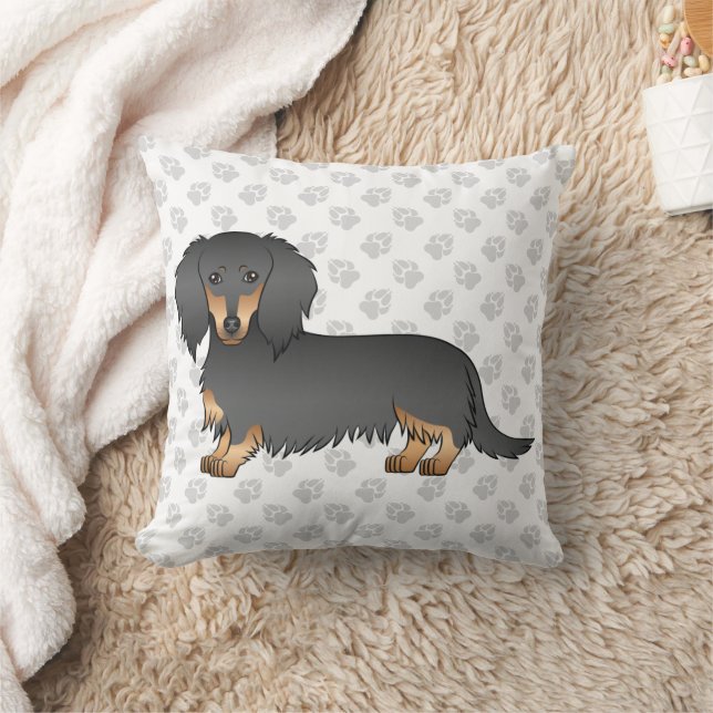 Black & Tan Long Hair Dachshund Cartoon Dog & Paws Throw Pillow (Blanket)