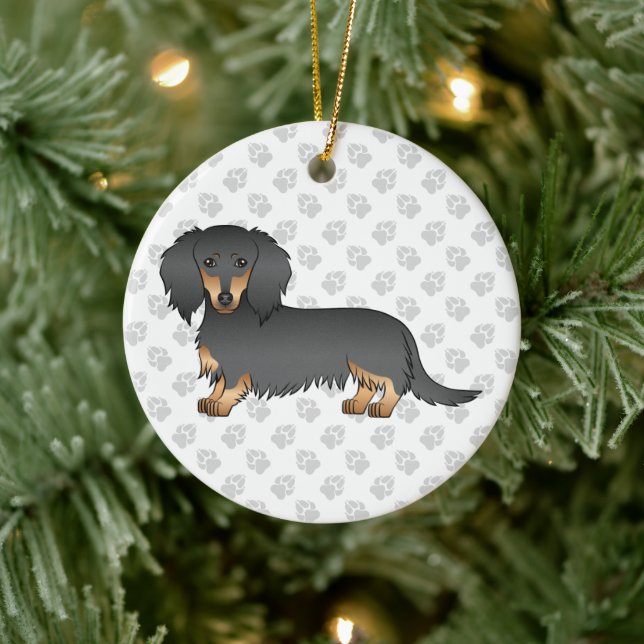 Black & Tan Long Hair Dachshund Cartoon Dog & Text Ceramic Ornament (Tree)