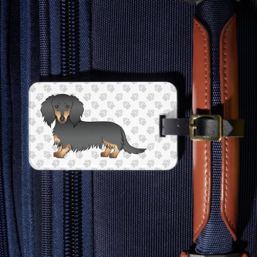 Black  Tan Long Hair Dachshund Cartoon Dog  Text Luggage Tag