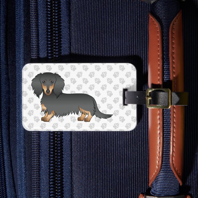 Black & Tan Long Hair Dachshund Cartoon Dog & Text Luggage Tag (Front Insitu 4)