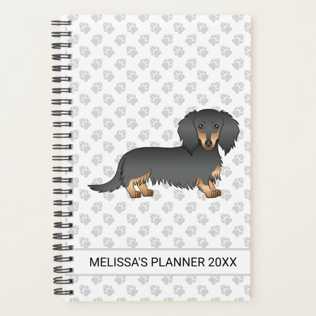 Black & Tan Long Hair Dachshund Cartoon Dog & Text Planner (Front)