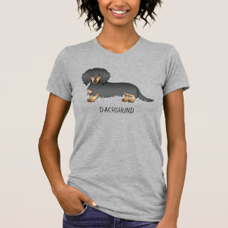 Black &amp; Tan Long Hair Dachshund Cartoon Dog &amp; Text T-Shirt