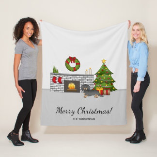 Black &amp; Tan Long Hair Dachshund - Christmas Room Fleece Blanket
