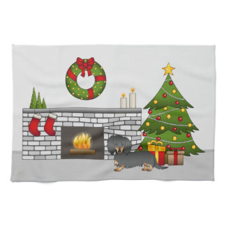 Black &amp; Tan Long Hair Dachshund - Christmas Room Kitchen Towel