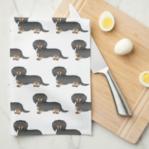 Black & Tan Long Hair Dachshund Cute Dog Pattern Kitchen Towel