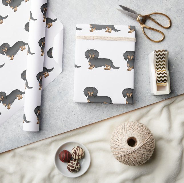 Black & Tan Long Hair Dachshund Cute Dog Pattern Wrapping Paper (Crafts)