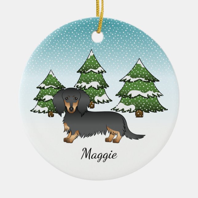 Black & Tan Long Hair Dachshund - Winter Forest Ceramic Ornament (Front)