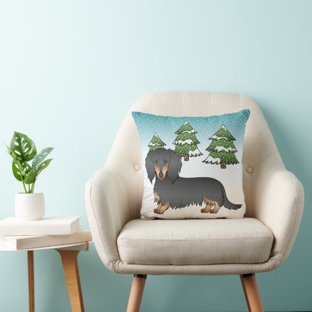 Black & Tan Long Hair Dachshund - Winter Forest Throw Pillow (Chair)