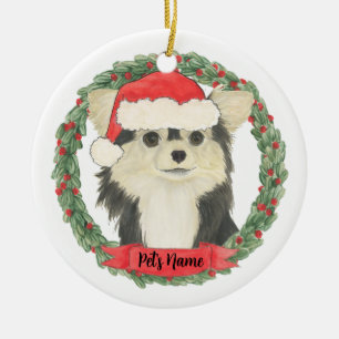 Black & Tan Long Haired Chihuahua Christmas Ceramic Ornament