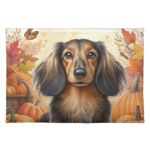 Black & Tan Long-Haired Dachshund: Fall Fun Time  Cloth Placemat