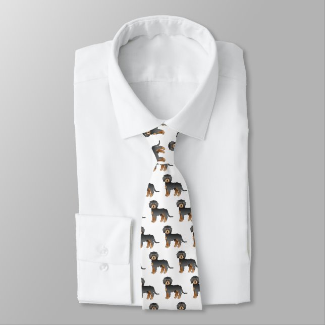 Black & Tan Mini Goldendoodle Cartoon Dog Pattern Neck Tie (Tied)