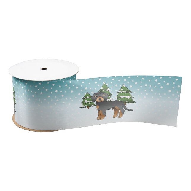 Black & Tan Mini Goldendoodle Dog - Winter Forest Satin Ribbon (Spool)
