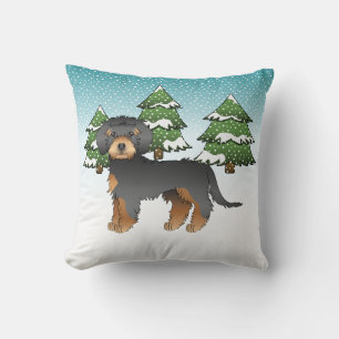 Black & Tan Mini Goldendoodle Dog - Winter Forest Throw Pillow