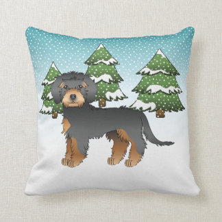 Black &amp; Tan Mini Goldendoodle Dog - Winter Forest Throw Pillow
