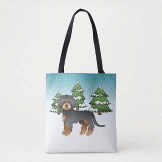 Black &amp; Tan Mini Goldendoodle Dog - Winter Forest Tote Bag