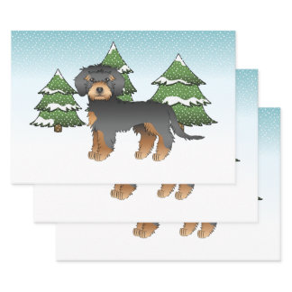 Black &amp; Tan Mini Goldendoodle Dog - Winter Forest Wrapping Paper Sheets