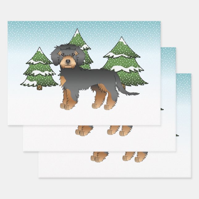 Black & Tan Mini Goldendoodle Dog - Winter Forest Wrapping Paper Sheets (Set)