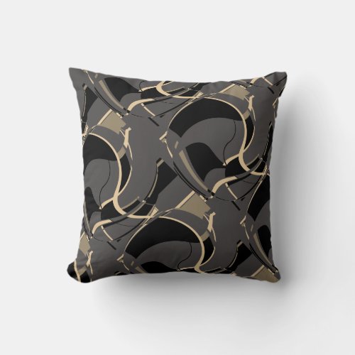Black Tan on Gray Diagonal Swirling Art Design Throw Pillow