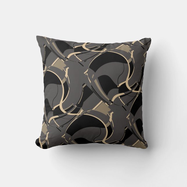 Black Tan on Gray Diagonal Swirling Art Design Throw Pillow (Front)