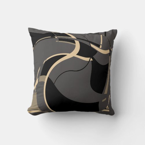 Black Tan on Gray Swirling Art Design Throw Pillow