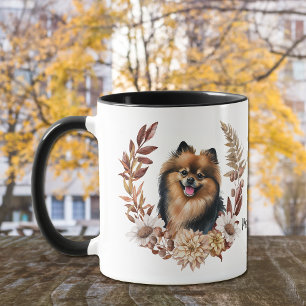 Black Tan Pomeranian Dog Autumn Wreath Mug