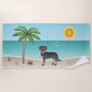 Black &amp; Tan Rottweiler At A Tropical Summer Beach Beach Towel