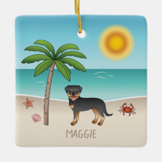 Black &amp; Tan Rottweiler At A Tropical Summer Beach Ceramic Ornament