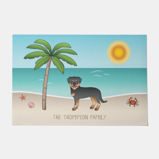 Black & Tan Rottweiler At A Tropical Summer Beach Doormat (Front)