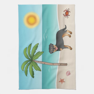 Black & Tan Rottweiler At A Tropical Summer Beach Kitchen Towel