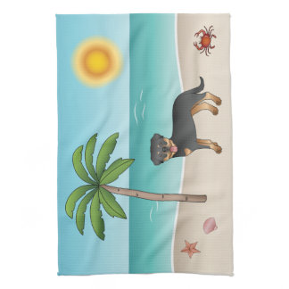 Black &amp; Tan Rottweiler At A Tropical Summer Beach Kitchen Towel