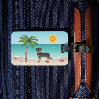 Black &amp; Tan Rottweiler At A Tropical Summer Beach Luggage Tag