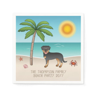 Black &amp; Tan Rottweiler At A Tropical Summer Beach Napkins