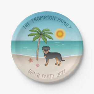 Black & Tan Rottweiler At A Tropical Summer Beach Paper Plates
