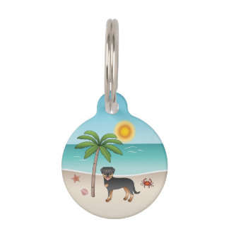 Black &amp; Tan Rottweiler At A Tropical Summer Beach Pet ID Tag