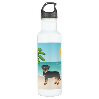 Black &amp; Tan Rottweiler At A Tropical Summer Beach Stainless Steel Water Bottle