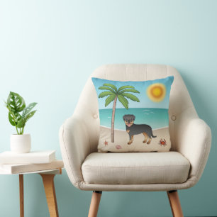 Black & Tan Rottweiler At A Tropical Summer Beach Throw Pillow